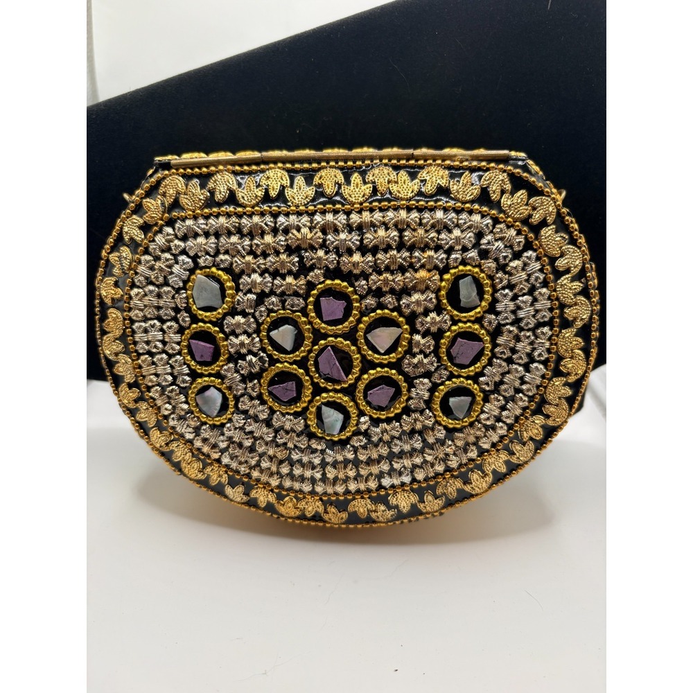 Ramla BOHO Mosaic Shell Clutch - Gold & Purple Inlay Statement Purse - Picture 4 of 5